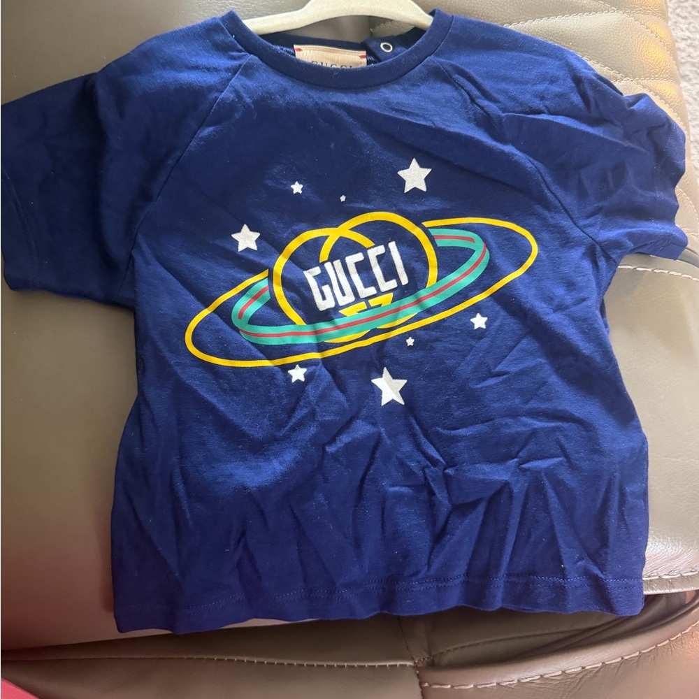 Gucci Kids Blue Planet Logo Tee with Yellow and Green Accents 6/9m